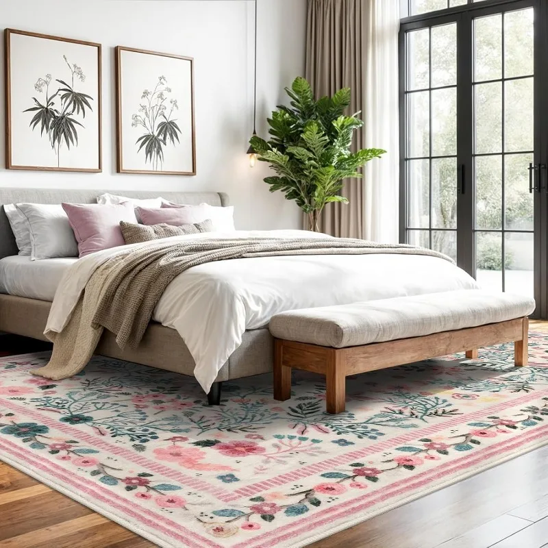 Black Vintage Living Room Carpet Large Area Plant Floral Print Bedroom Rug Machine Washable Non-slip Soft Coffee Table Mat Tapis