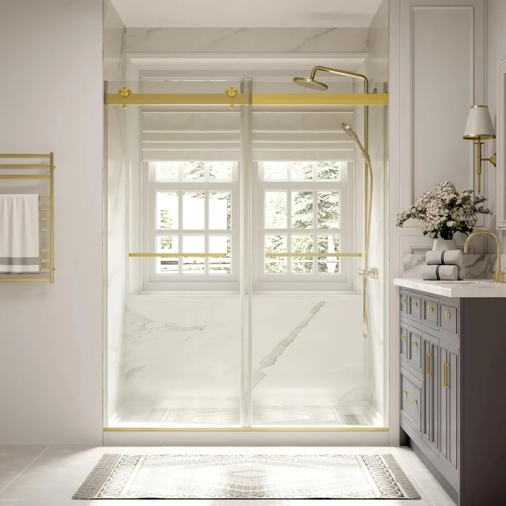 Frameless Shower Door, 56-60" W x 74" H Double Sliding Shower Door with 5/16" (8mm) Brushed Gold Finish Shower Doors 2
