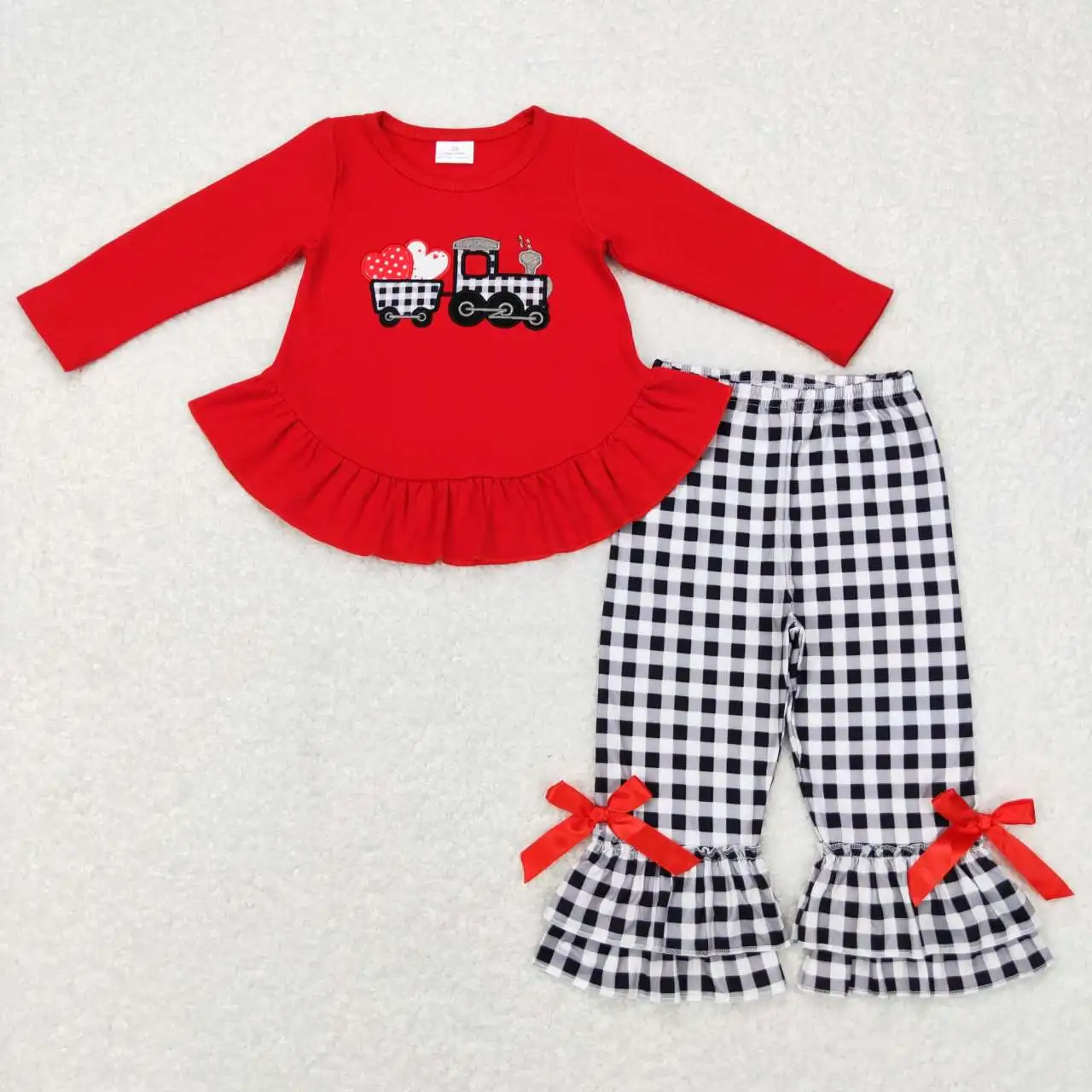 

wholesale baby boys girls clothes Valentine's Day Embroidery Love tractor Red lace long sleeve black and white plaid pantsuit