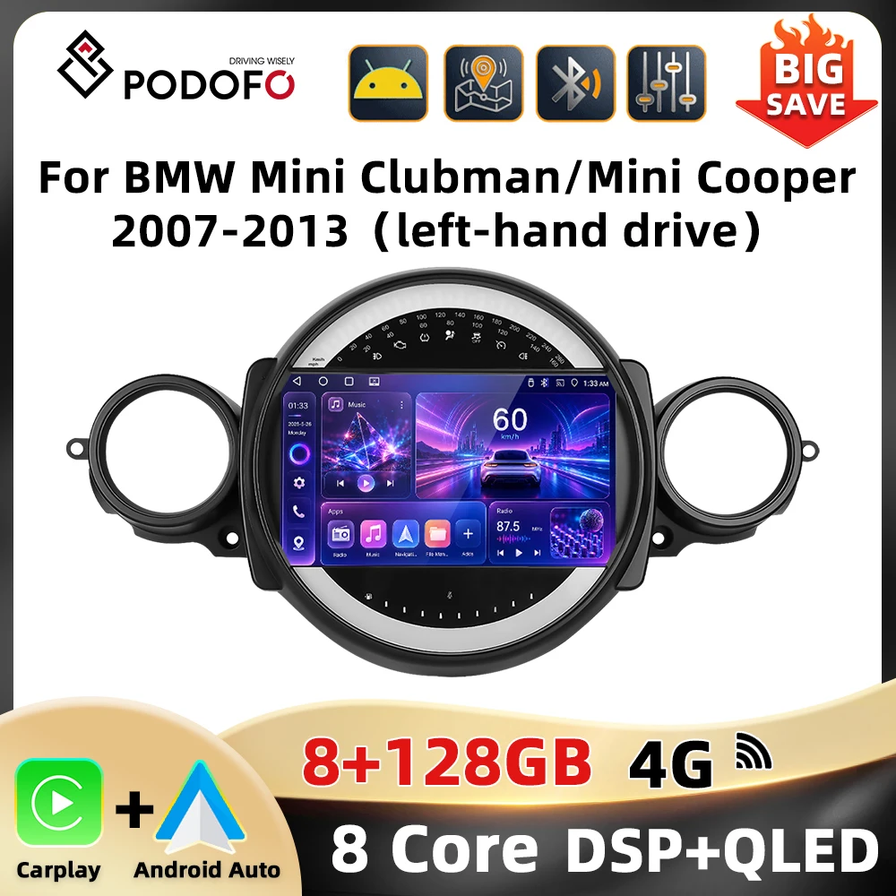 Podofo Android 8core 8+128G Reproductor de Audio para Auto para BMW Mini Clubman/Mini Cooper 2007-2013 WIFI AM FM RDS GPS DAB CarPlay Android Auto 4G Autoradio 1