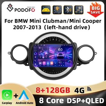 Podofo Android 8core 8+128G Reproductor de Audio para Auto para BMW Mini Clubman/Mini Cooper 2007-2013 WIFI AM FM RDS GPS DAB CarPlay Android Auto 4G Autoradio 1