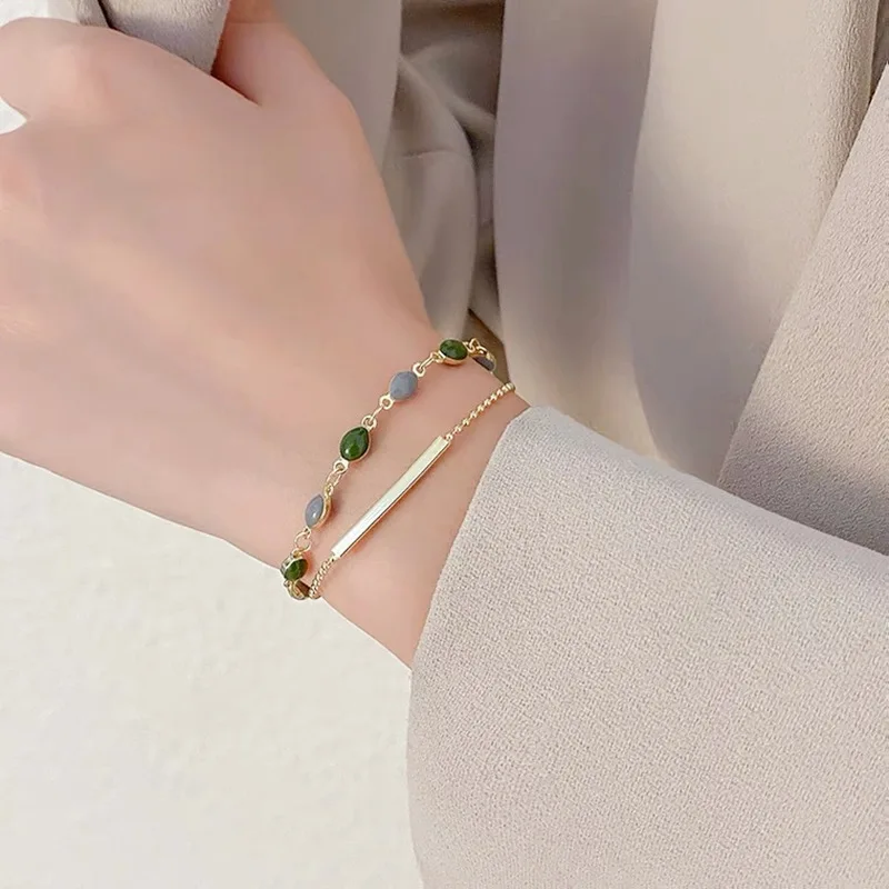 

Luxury Green Oval Jade Inlaid Beaded Double-layer Chain Charm Bracelet for Wedding Anniversary Gift Gold Jewelry Pulseras Mujer