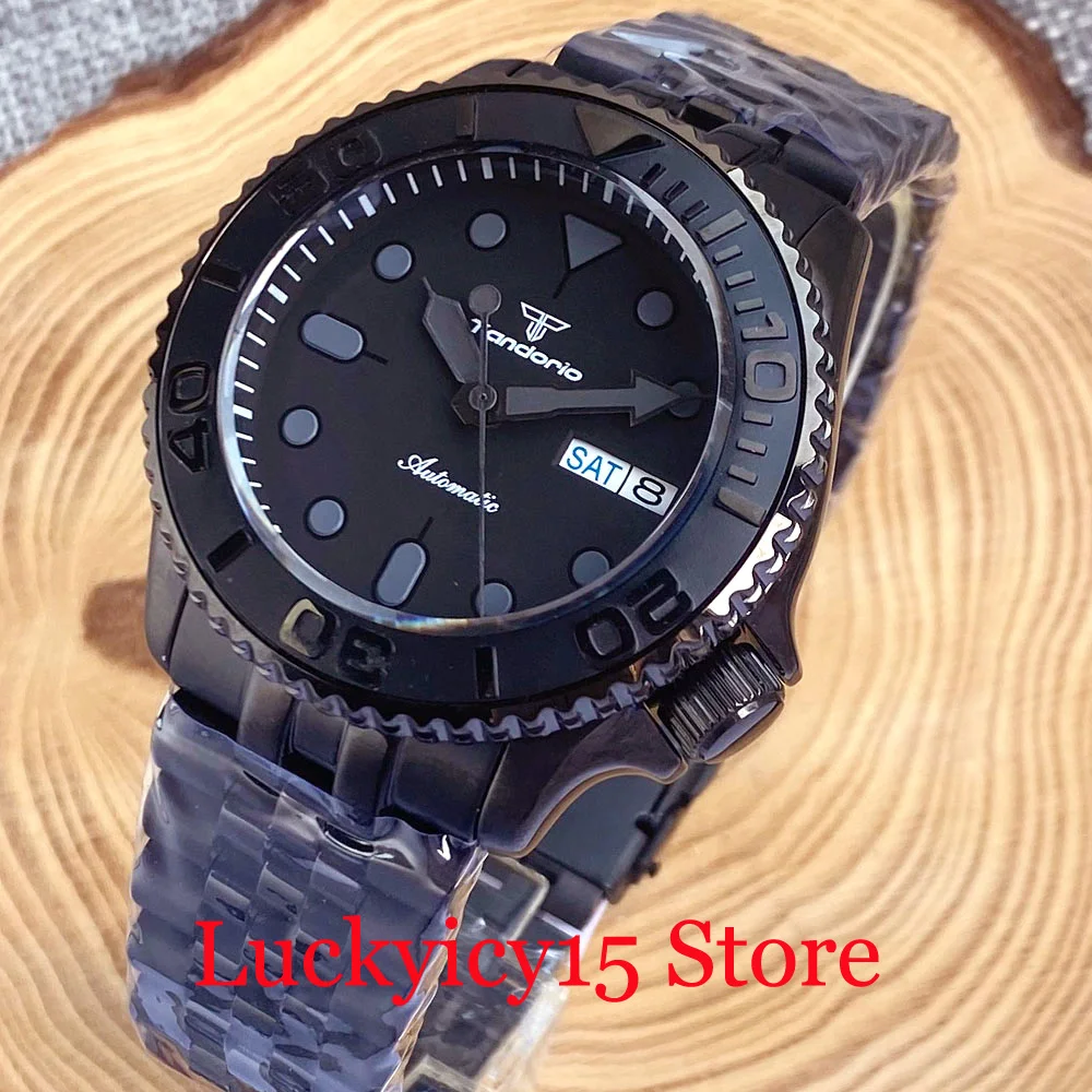 Diver 20bar Waterproof Tandorio 41MM Black PVD Watch Black Automatic NH36A Men Watch Double Date Display Dome Sapphire Glass
