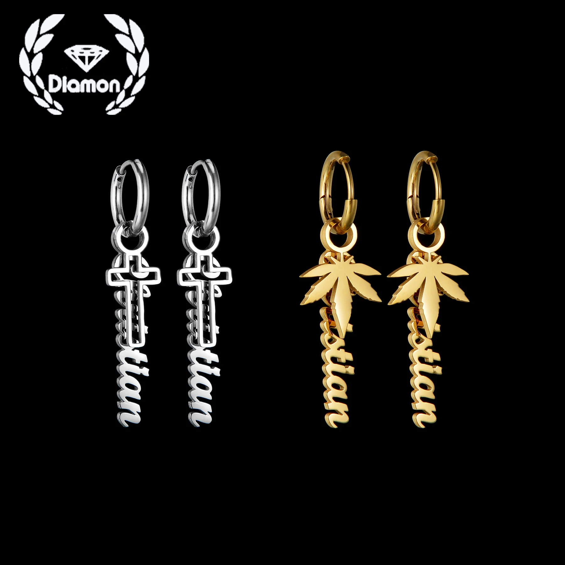 

Diamon Personalized Custom Name Cross Earrings Stainless Steel Jewelry Letters Maple Leaf Ear Buckle for Women Men Jewelry Gifts