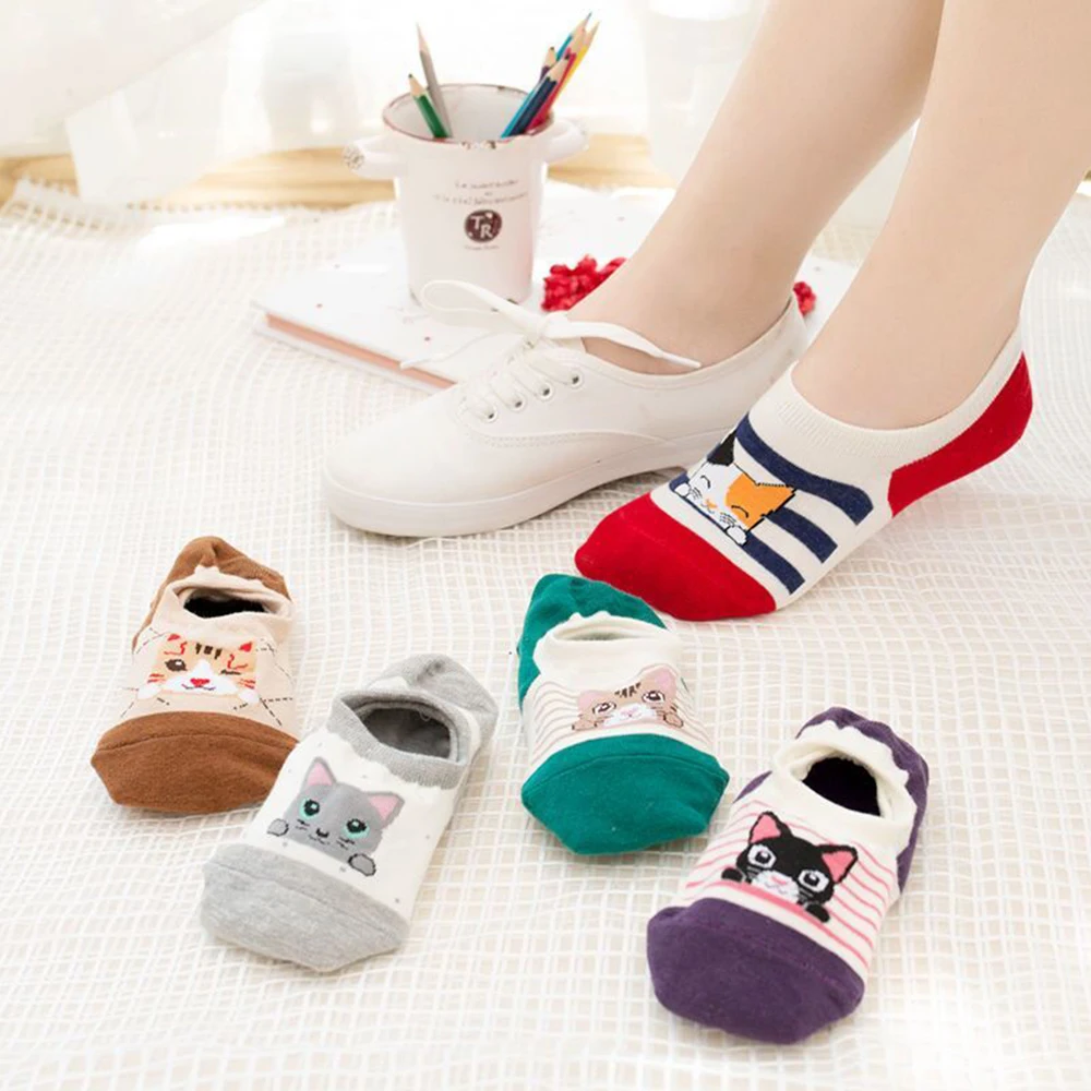 5Pairs Cartoon Kawaii Woman Socks Casual Cute Cat Dog Various Styles Sock Cotton Funny Invisible Cozy Girl Slipper Ankle Socks