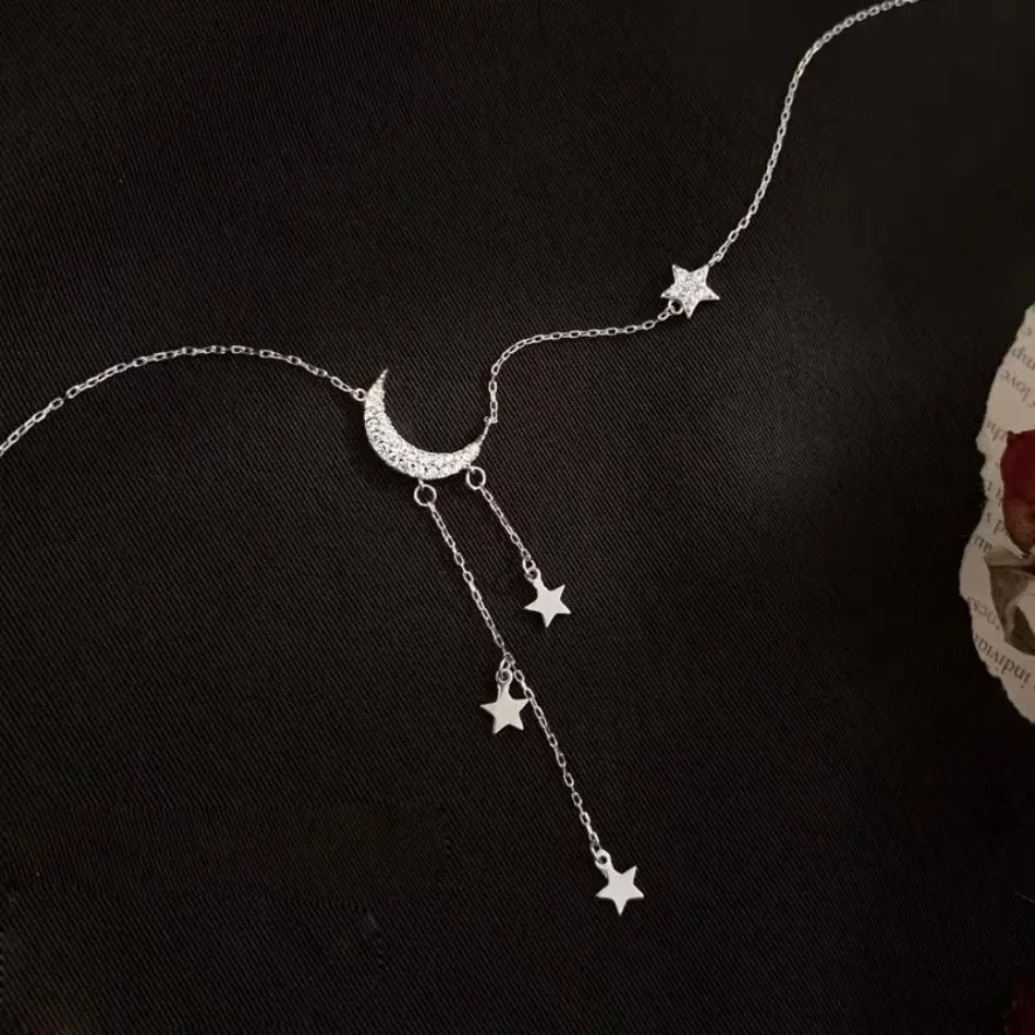Fashion Design Ladies Necklace New Style Star Moon Tassel Pendant Rhinestones Clavicle Chain Choker Collares Wedding Jewelry