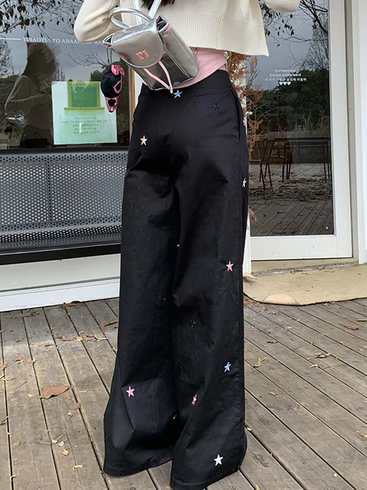 Fashion Y2K Embroidered Cargo Pants Black Women High Waist Wide Leg Harajuku Loose Casual Oversized Trousers Streetwear Pants