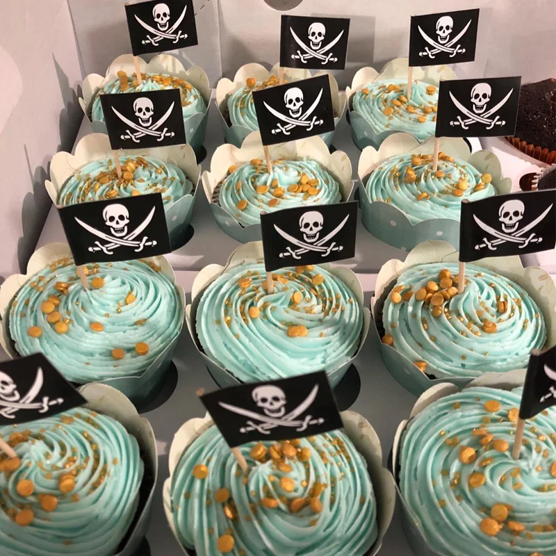 Toppers Torta Pirata, 48 Pezzi Decorazione per Torta a Tema Halloween, Cupcake Topper Pirati Decorazione con 4 Disegni, per Feste di Compleanno, Halloween