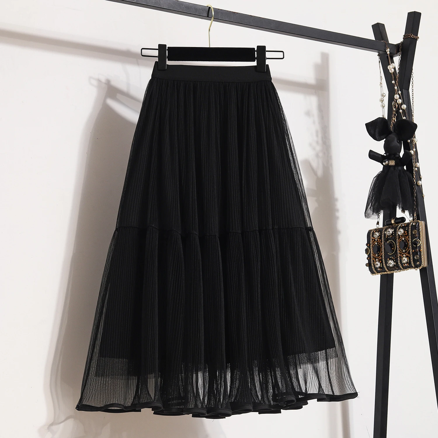 

Женская Однотонная юбка с высокой талией, плиссированная трапециевидная юбка из газовой ткани, модель B198 на весну и лето, 2024