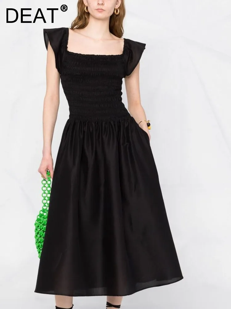 Deat Fashion Elegant Women's Dress New Square Collar Pleated Waist