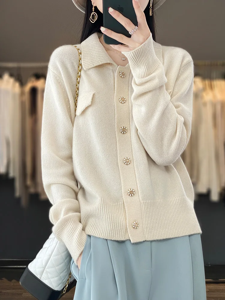

100% Merino Wool Cardigan Ladies POLO Collar Topa Autumn and Winter New Casual Knitted Loose Female Blouse Fashion Korean Tops