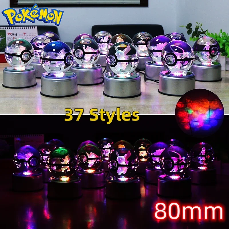 

Pokemon Crystal Ball 3D Carving Pikachu Gengar Mewtwo Statue Character LED Night Light Glass Children's Toy Birthday Gift