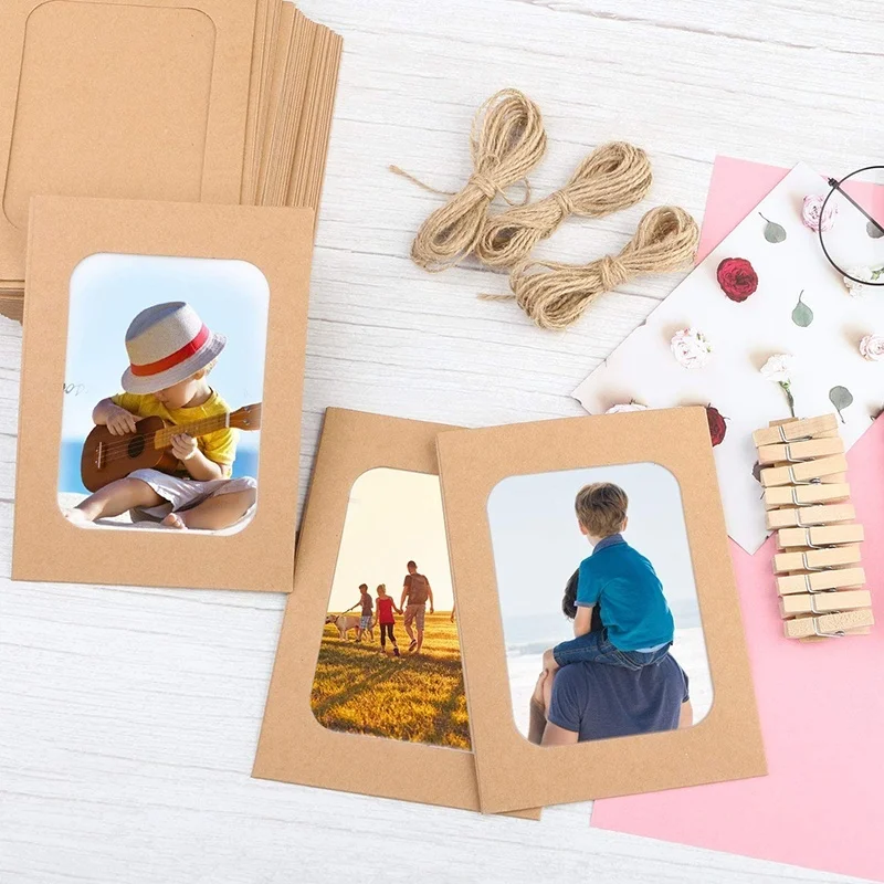 10 Pcs Combination Paper Frame with Clips DIY Kraft Paper Picture Frame Hanging Wall Photos Album Rope Home Decoration Craft