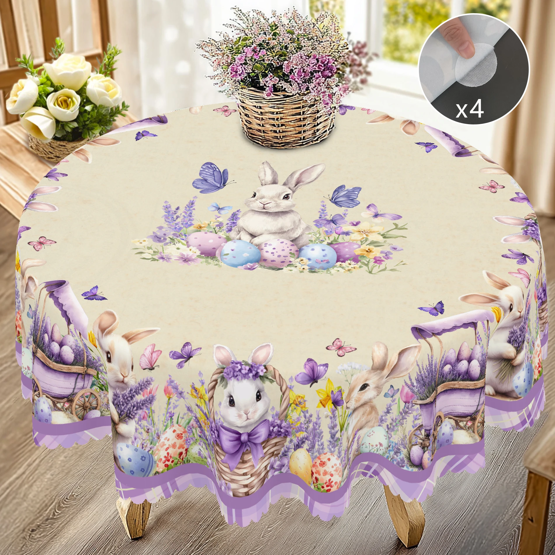 1 Piece Easter Round Decorative Tablecloth Table, 5 Sizes Available, Easter Bunny Egg Lavender Plaid Printed Tablecloth, Edge Embossing Process, Spring Garden Tablecloth Decoration, Tablecloth for Daily Home Kitchen, Terrace Use, Easter Decoration 4