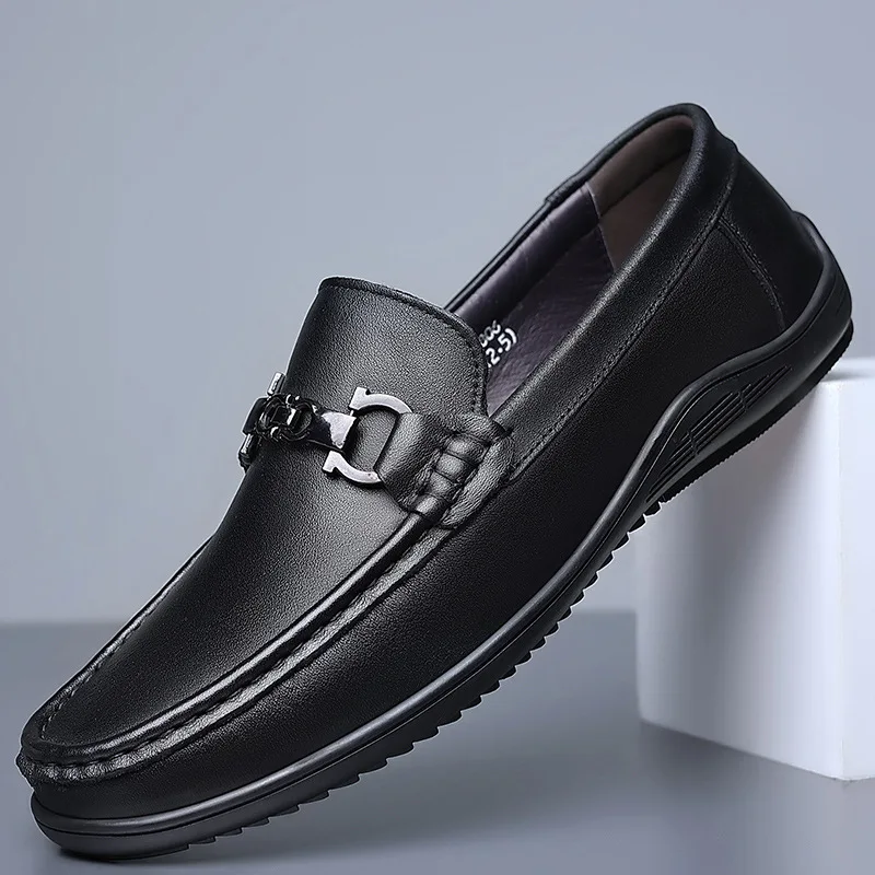 Men's Casual Business Shoes Cow Genuine Leather Mens Classic Buckle Loafers Moccasins Men Light Driving Party Wedding Flats