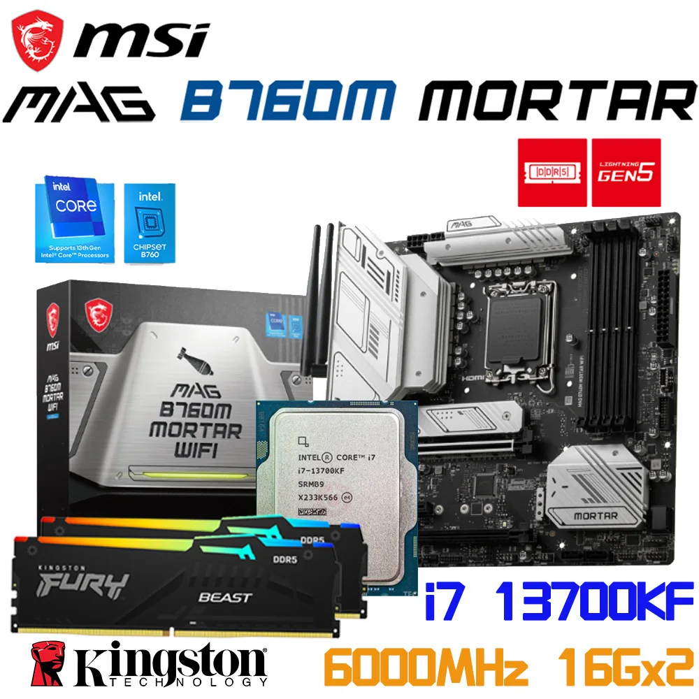 

LGA 1700 MSI MAG B760M MORTAR DDR5 USB Motherboard With Intel Core i7 13700KF Processor Kingston 6000MHz 32GB RGB Memory Combo