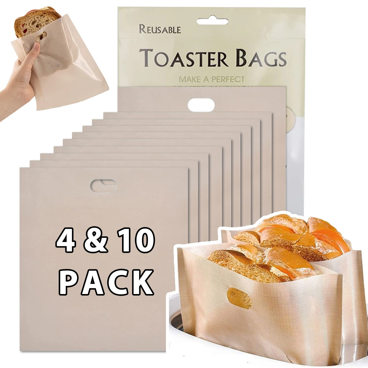 Toaster Bags 4/10PCS Reusable Non-Stick Washable Heat Resistant for Grilled Cheese Sandwiches in Toaster Microwave Oven