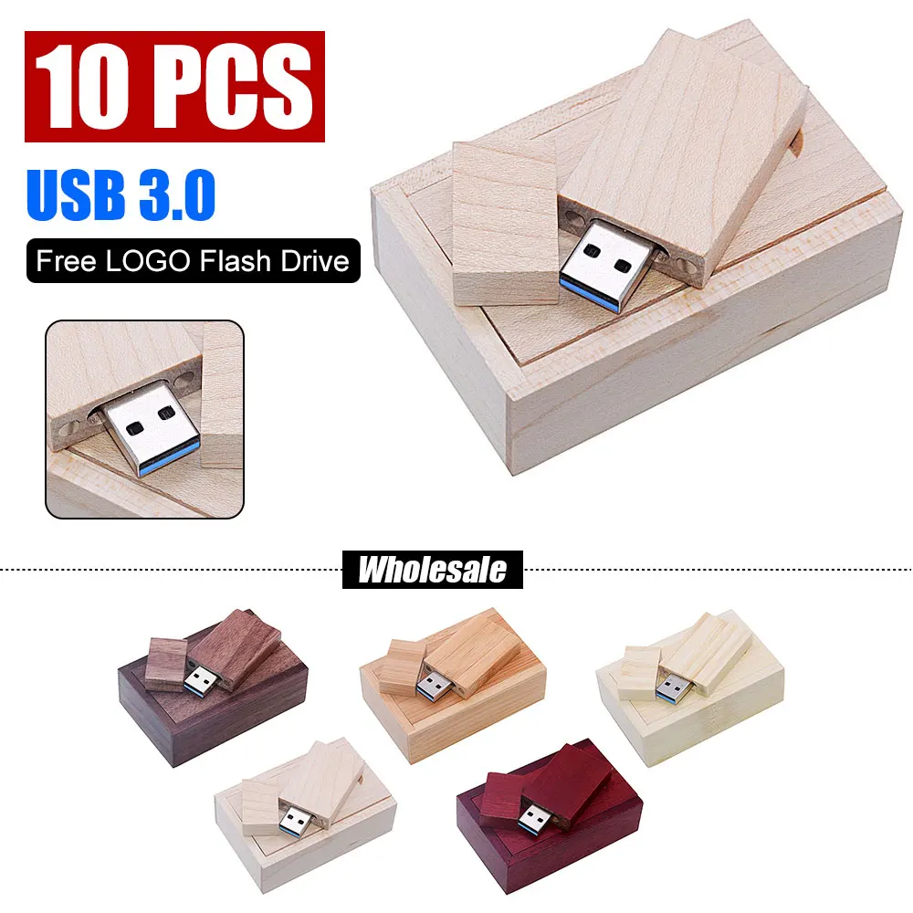 USB 플래시 드라이브 펜드라이브, 나무 USB 3.0, 선물용 메모리 스틱, 상자 포함, 무료 사용자 정의 로고, 4GB, 8GB, 16GB, 32GB, 64GB, 10 개/로트