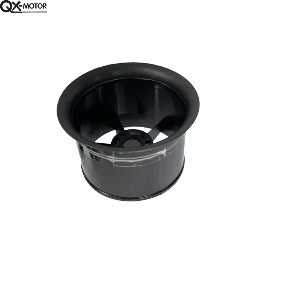Ventilateur canalisé 50mm 12 pales QX-Motor pour avion RC, posé sur fond blanc, pales en rotation suggérée.
