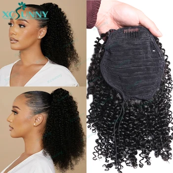 Kinky Curly Drawstring Ponytail Human Hair Extensions Burmese Ponytail Extension Human Hair Natural Black 1