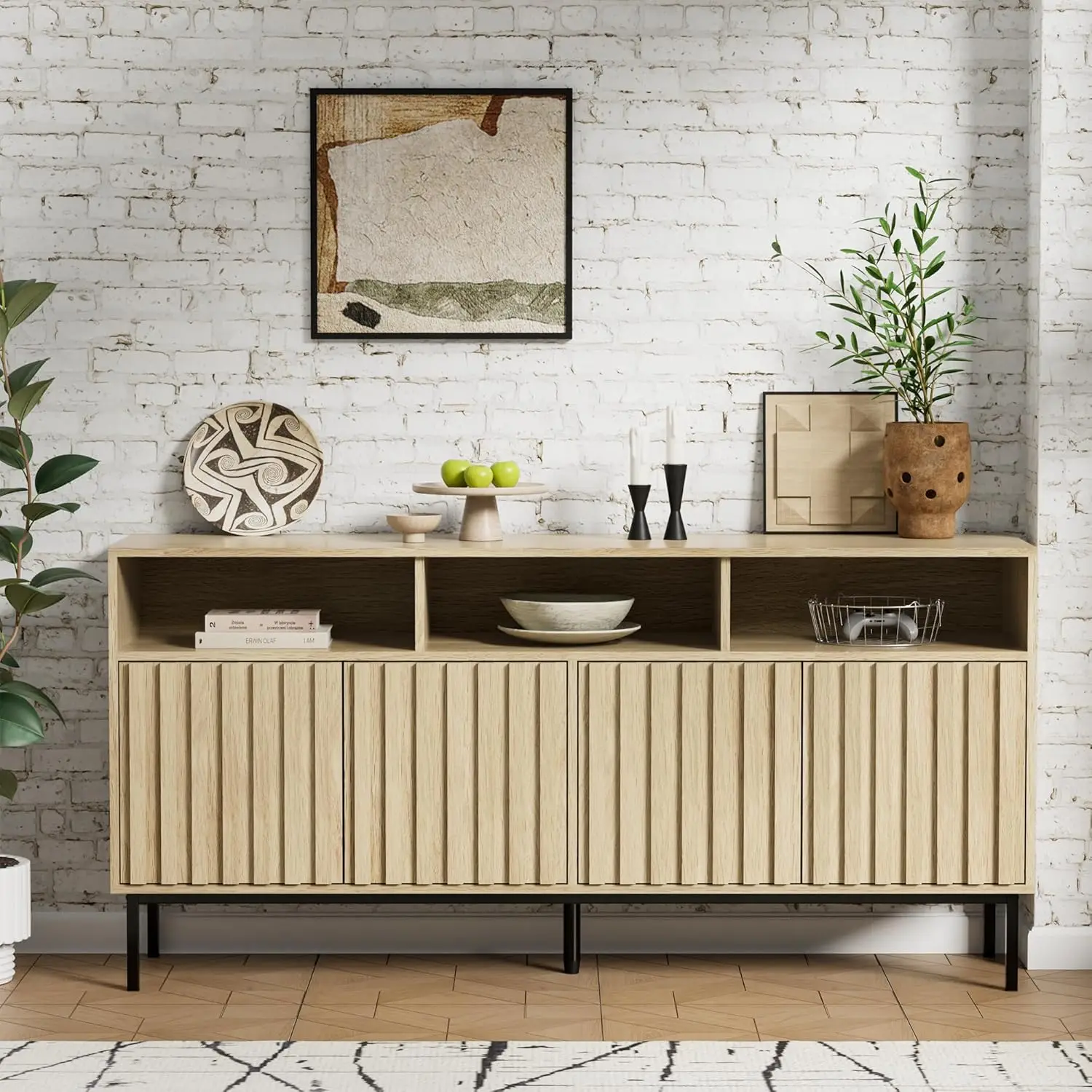 Mid Century Modern Sideboard Buffet Cabinet Storage,61.4'' Fluted Sideboard Cabinet,Buffet Cabinet Legs,Accent Credenza4 Doors