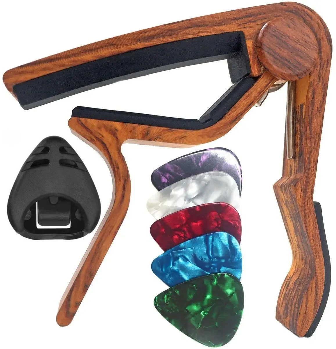 Guitar Capo Set with Picks and Holder - Black & Silver Finish
