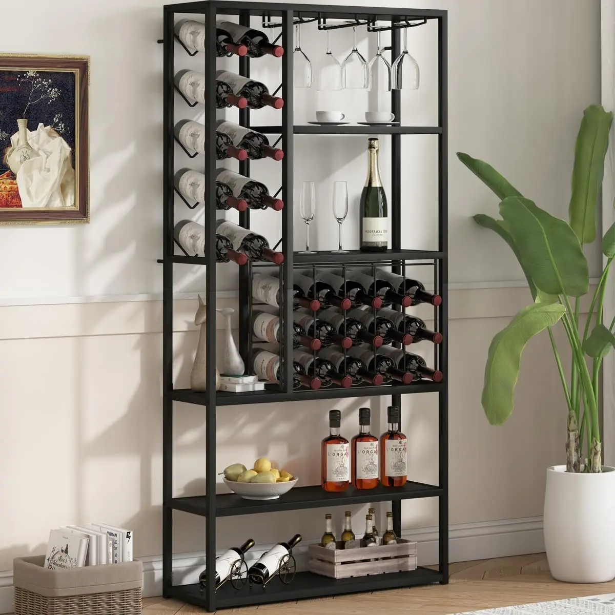 Tall Wine Bar Cabinet, 5 Tier Industrial Liquor Cabinet with Glass Holder and Wine Storage, Farmhouse Metal Coffee Bar Cabinet