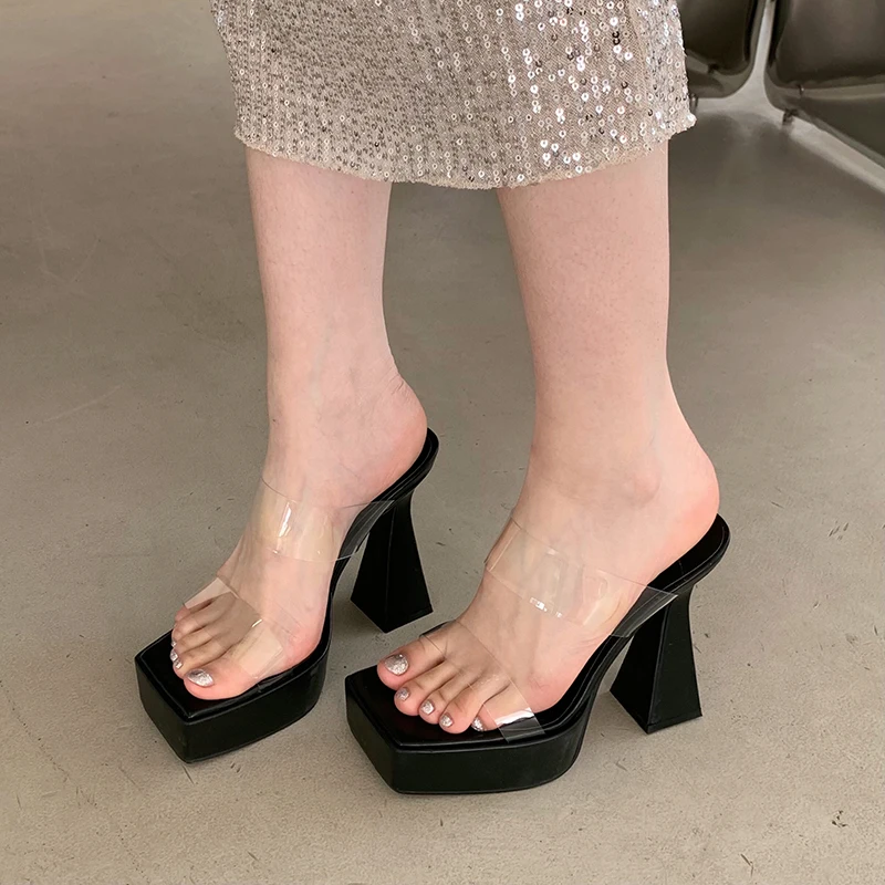 Pvc bh průhledná otevřený prst ženský bačkory móda šaty hustý vysoký podpatek léto dámy boty zapatillas de mujer