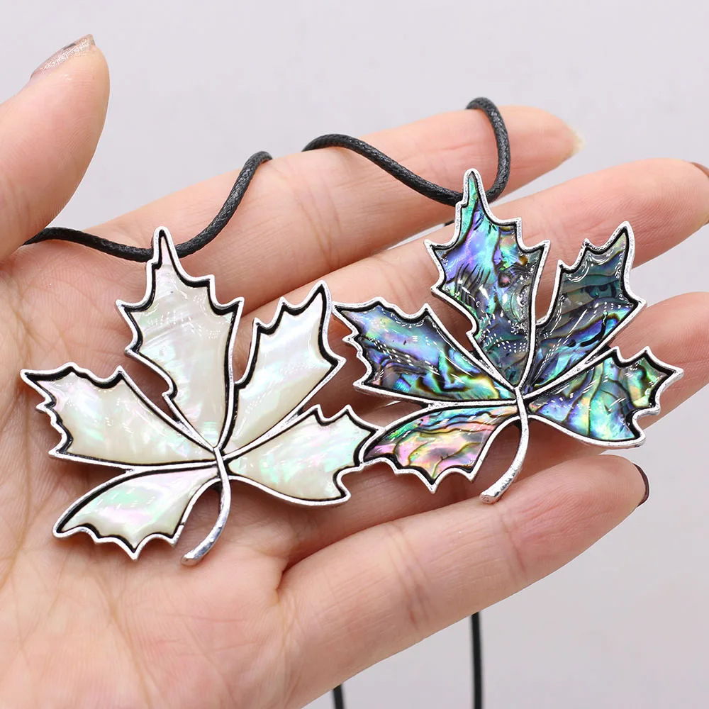 

Natural Abalone Shell Pendant Necklace Vintage Maple Leaf Shape Alloy Brooch Necklace With Leather Rope Charm Jewelry For Women