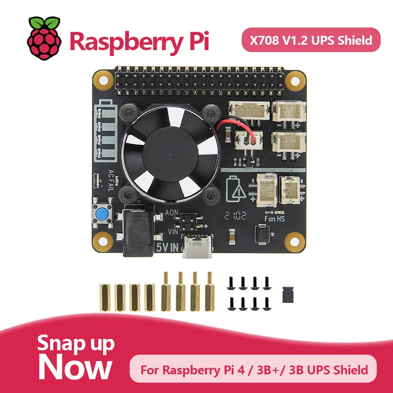 

For Raspberry Pi 4 / 3B+/ 3B, X708 V1.2 UPS Shield | Max 5.1V 6A | Safe Shutdown | Power Loss Detection | Auto Power On