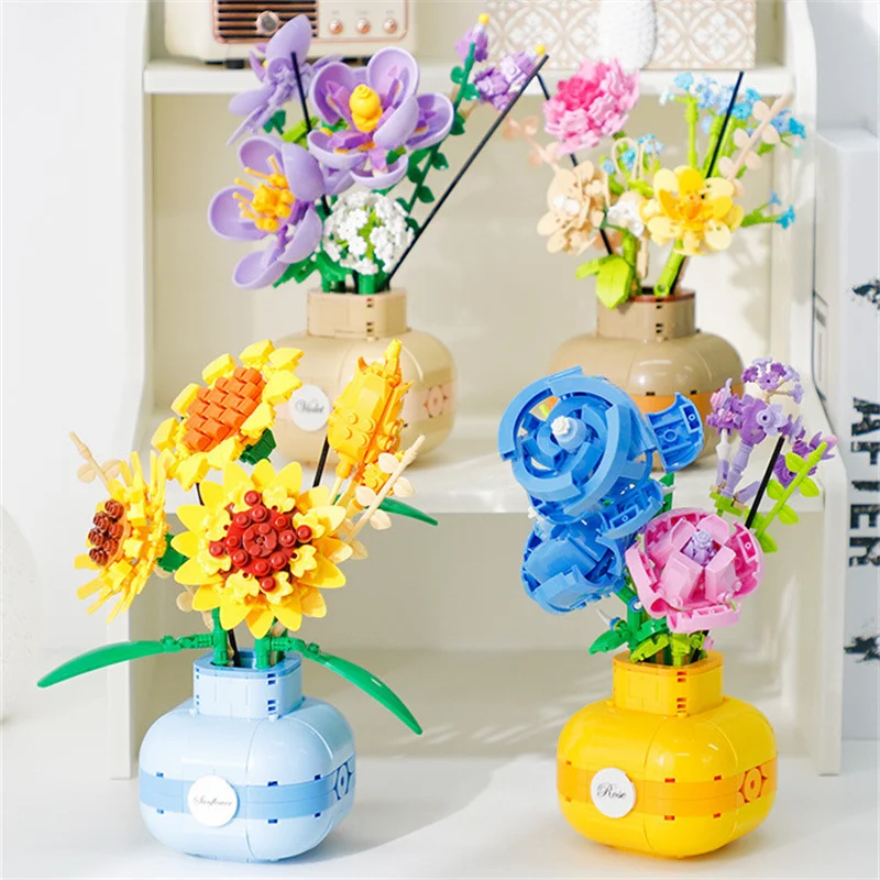 

BALODY Building Blocks Bouquet 3D Model Toy DIY Potted Sunflower Rose Violet Flower Bricks Assembly Toys for Kids Girls Gifts