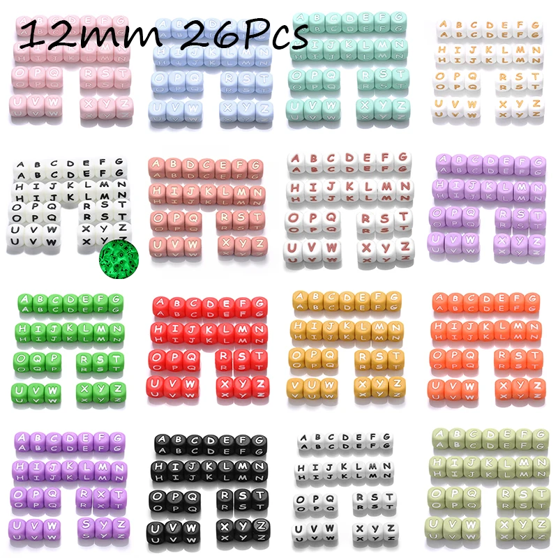 Silicone Letter Beads 26Pcs 12mm Colorful Alphabet Chewing Bead for Pacifier Clip Chain Teether Accessories BPA Free