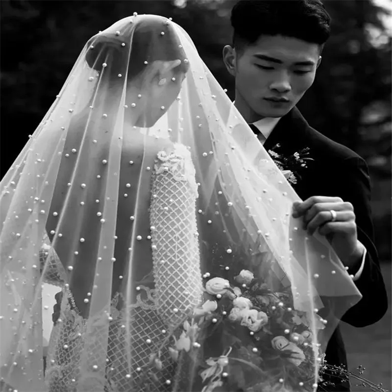 Pearl Beaded Long Wedding Veil One Layer Luxury Boho Bride Accessories Custom Make Length Cathedral Bridal Veil Without Comb