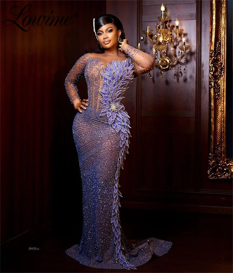 Glitter Illusion Mermaid Prom Dresses Customize African Party Dress Elegant 3D Leaf Design Long Sleeves Women Evening Gowns