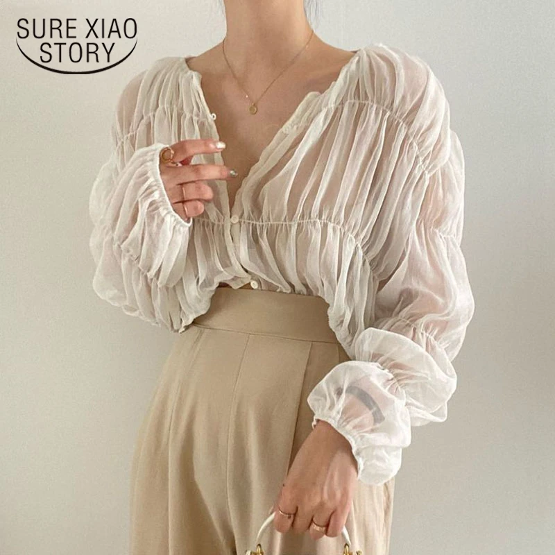 Korean Fashion Pleated Casual Blouse Women Summer New Loose Folds Perspective Chiffon Shirt Long Sleeve Tops Blusas Mujer 15624