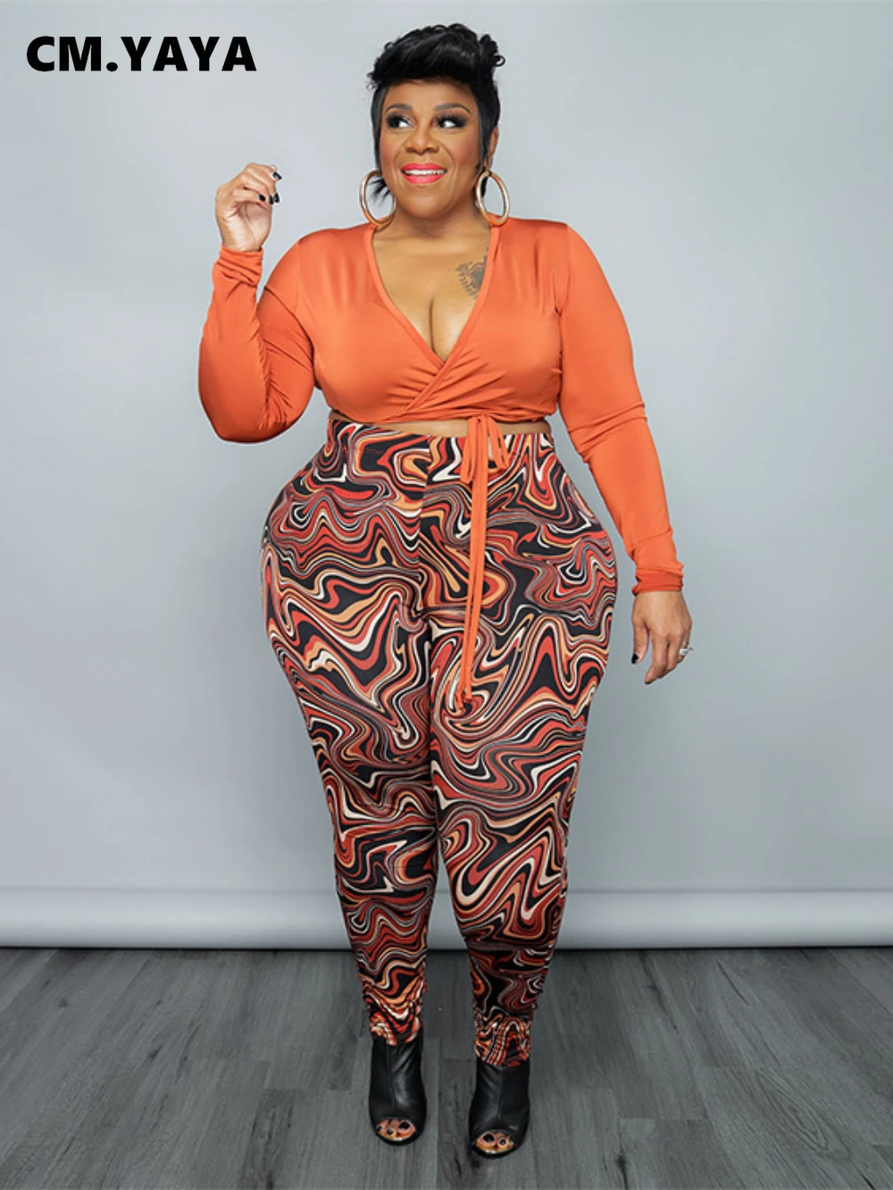 CM.YAYA Conjunto de dos piezas para mujer, Leggings Tops con estampado Floral Tie chándal a juego, talla grande, elegante, 2022| | AliExpress