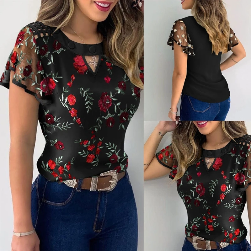 

Женская блузка с коротким рукавом и вышивкой, свободного покроя