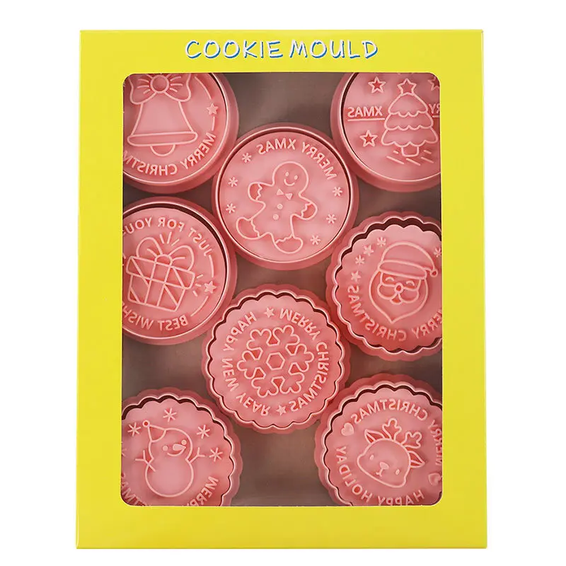 Cookie Cutter Cookie Mould Fondant Cutter Pastry Cutter 8Pcs Christmas Cookie Cutter Set Round XMAS Tree Gingerbread Man Deer Snowflake Fondant Embosser Stamp Christmas Party Supplies
