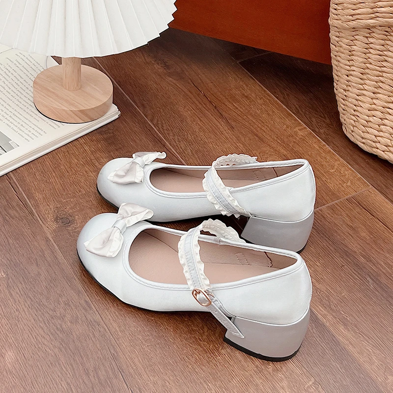 New Women Pumps Ladies Ballet Mary Jane Riband Chunky Heel Shallow Sandals Female Lolita Round Toe Sweet Bow-knot Cozy Shoes