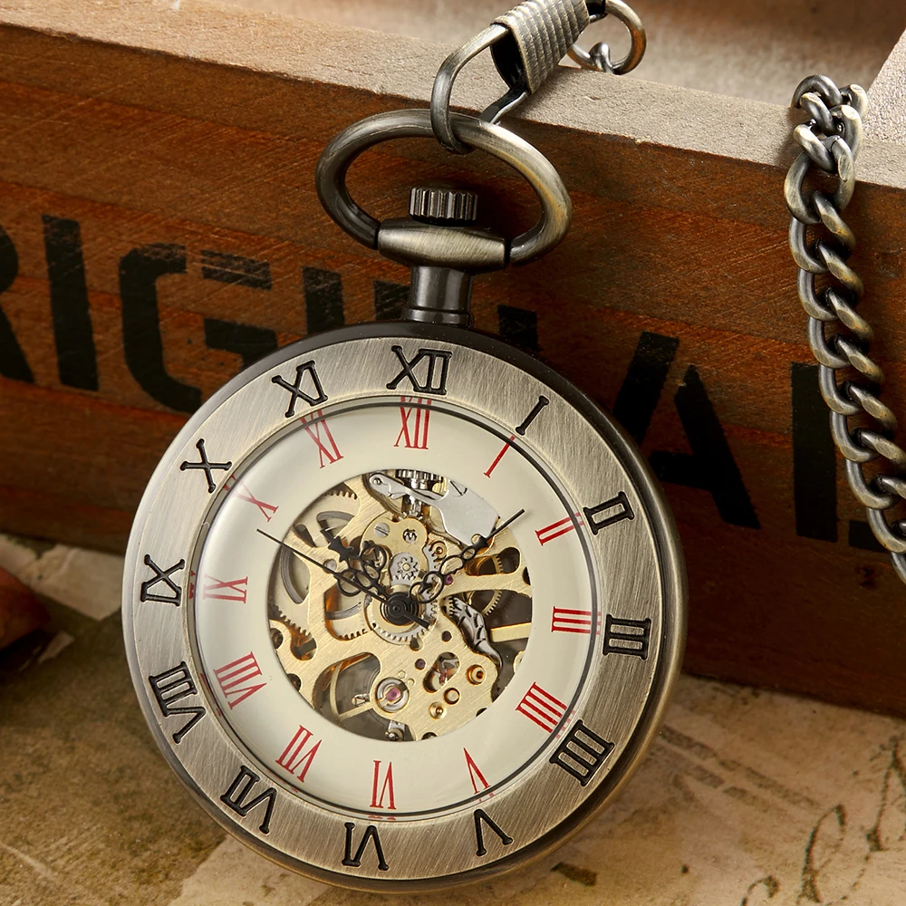 Vintage Bronze Mechanical Pocket Watch Simple Roman Dial Skeleton Steampunk Pendant Antique Clock reloj hombre Men Male Fob Box