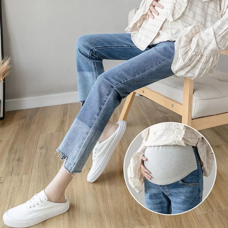 Pregnant women straight with jeans new pregnant women show thin elastic jeans spring and autumn casual belly support wide leg ni pregnant women summer split flared jeans women spring and autumn flared wide leg jeans pregnant women loose straight denim trous