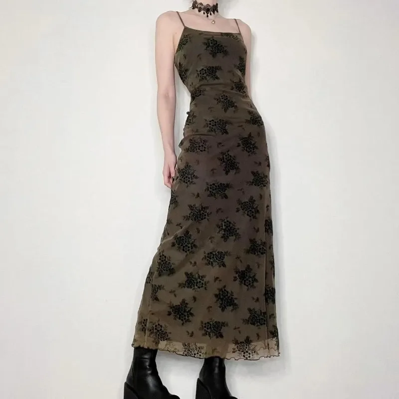 

2024 Y2K Retro Fashion Strap Printing Summer Maxi Dress Women Chic Party Long Mesh Dresses Gothic Clothes Bodycon Dress NWQ69