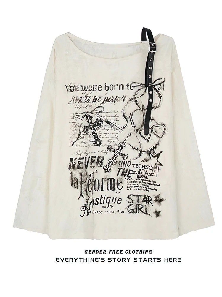 Vintage Y2K Oversized Off-Shoulder Hip Hop T-Shirt - Baggy Long Sleeve Womens Top