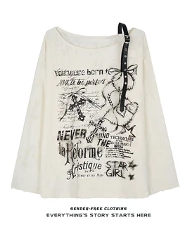 Vintage Y2K Oversize Off shoulder T shirt With Print Women Ripped Top Hole Long sleeve Baggy Basic T shirt Pulovers Ladies Tops 1