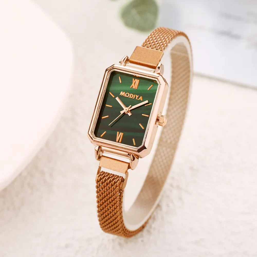 Orologi Da Donna Fashion Square Ladies Quartz Watch Cinturino Magnetico Quadrante Verde Simple Rose Gold Mesh Orologi Da Donna Di Lusso