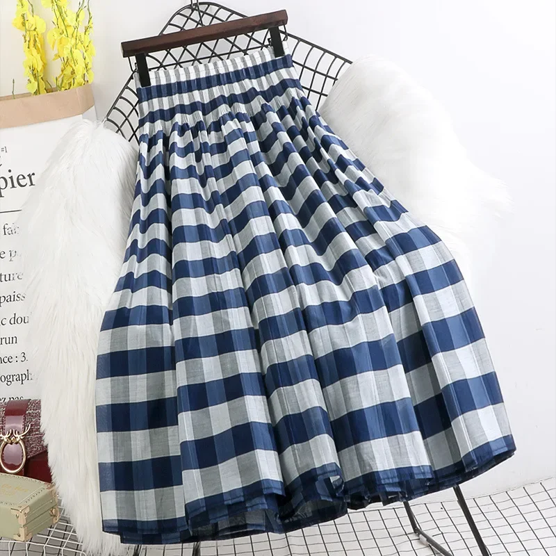 

Women Cotton Long Pleated Skirt 2024 New Summer Stripe Midi Check Skirt High Waist Elascity Casual Party Skirt for Women C18