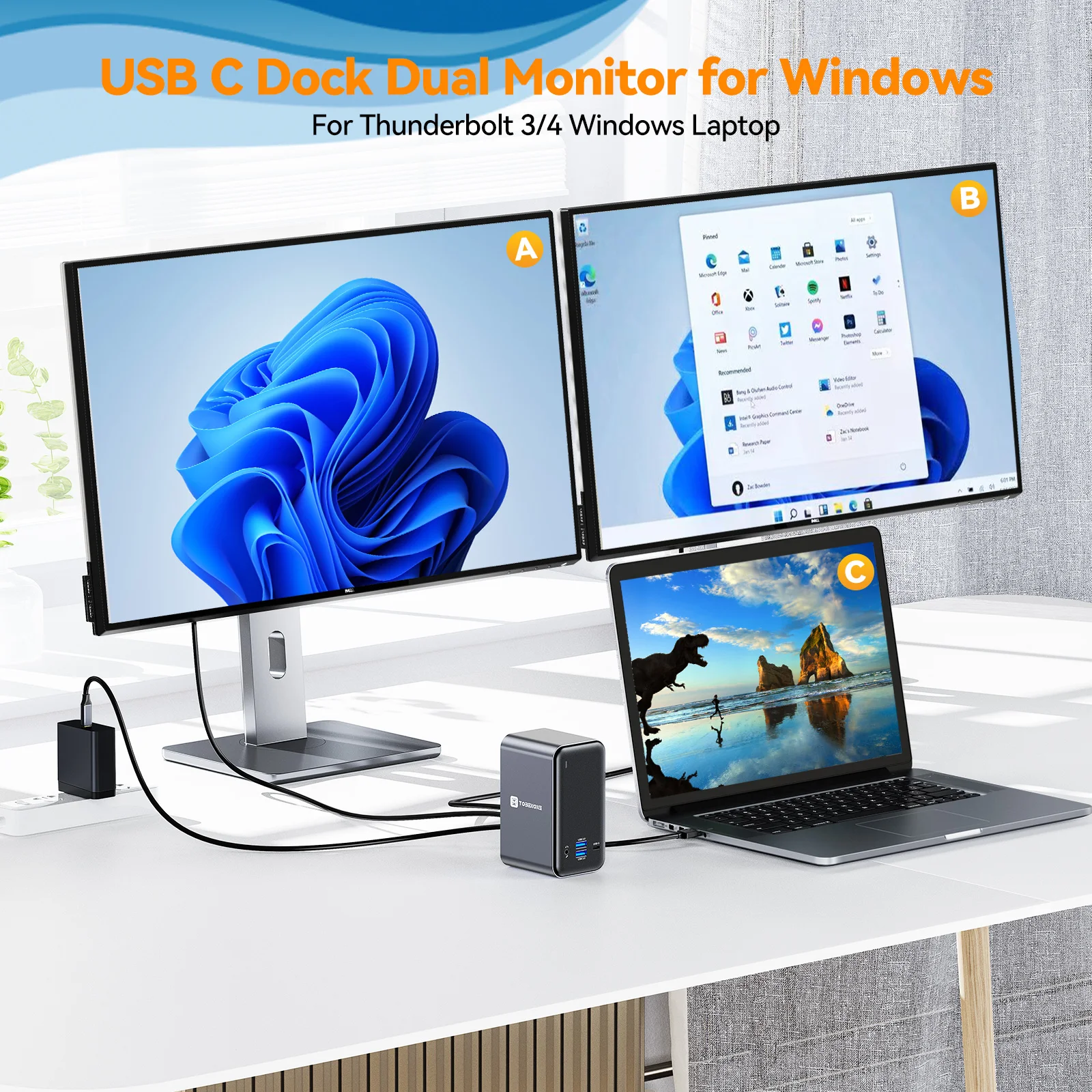 Tobenone Docking Station 4K/60Hz Dual Monitor Display With 2 HDMI RJ45 USB C Splitter For Windows Laptops