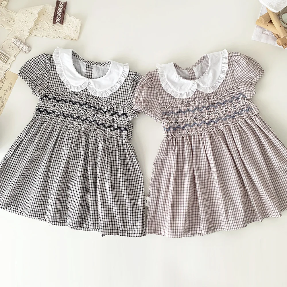 

Summer Infant Girls Dress Baby Girls Plaid Smocked Princess Dress Child Party Peter Pan Dresses Vestido Kid Vintage Clothes