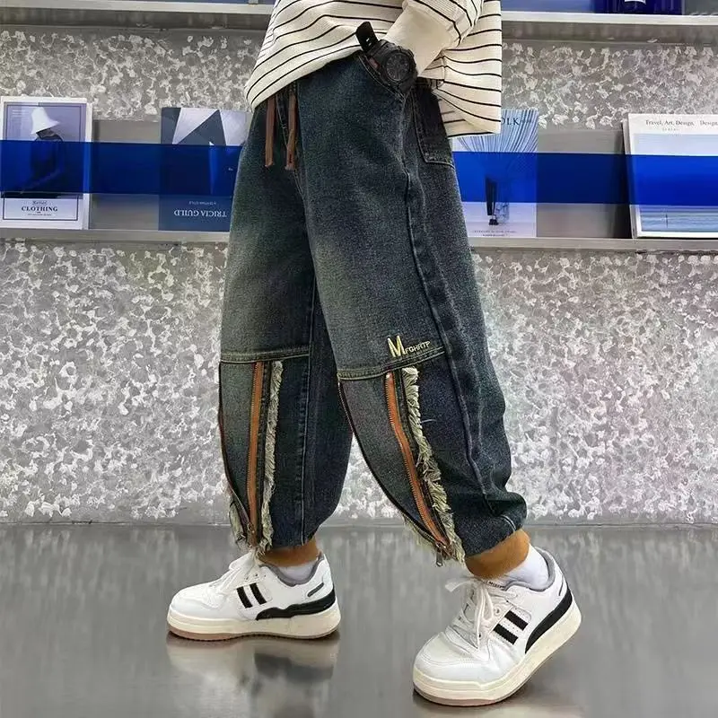 

2023 New Best Selling Kids Fashion Fringed pants Solid Color Straight Denim trousers Boy High Quality Jeans