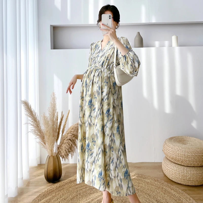 Spring Maternity V-neck Shirts High Waist Pregnant Woman Beach Dresses Fashion Print Loose Pregnancy Chiffon Holiday Dress maternity tops